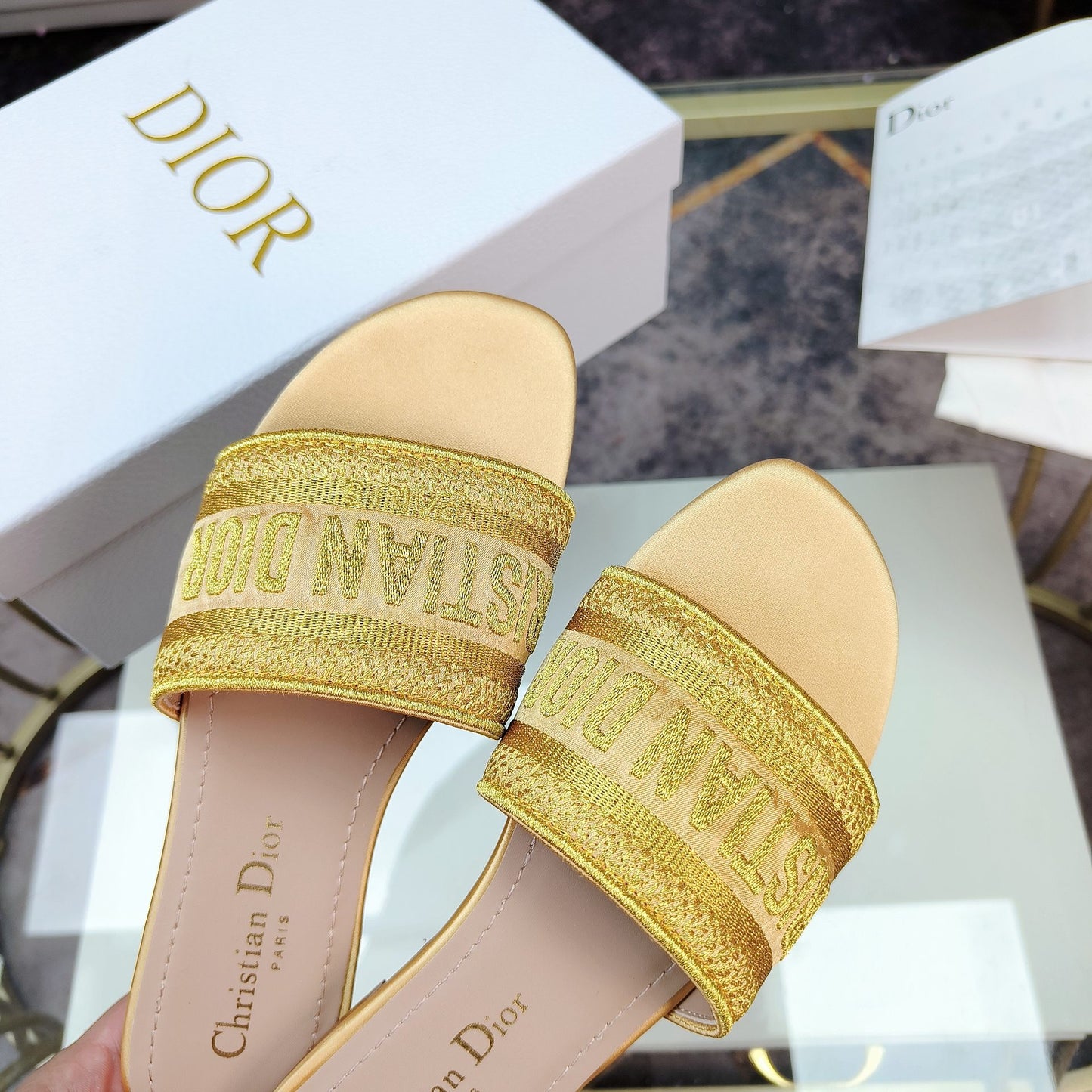 Dior Dway Yellow Embroidered Cotton Logo Slides