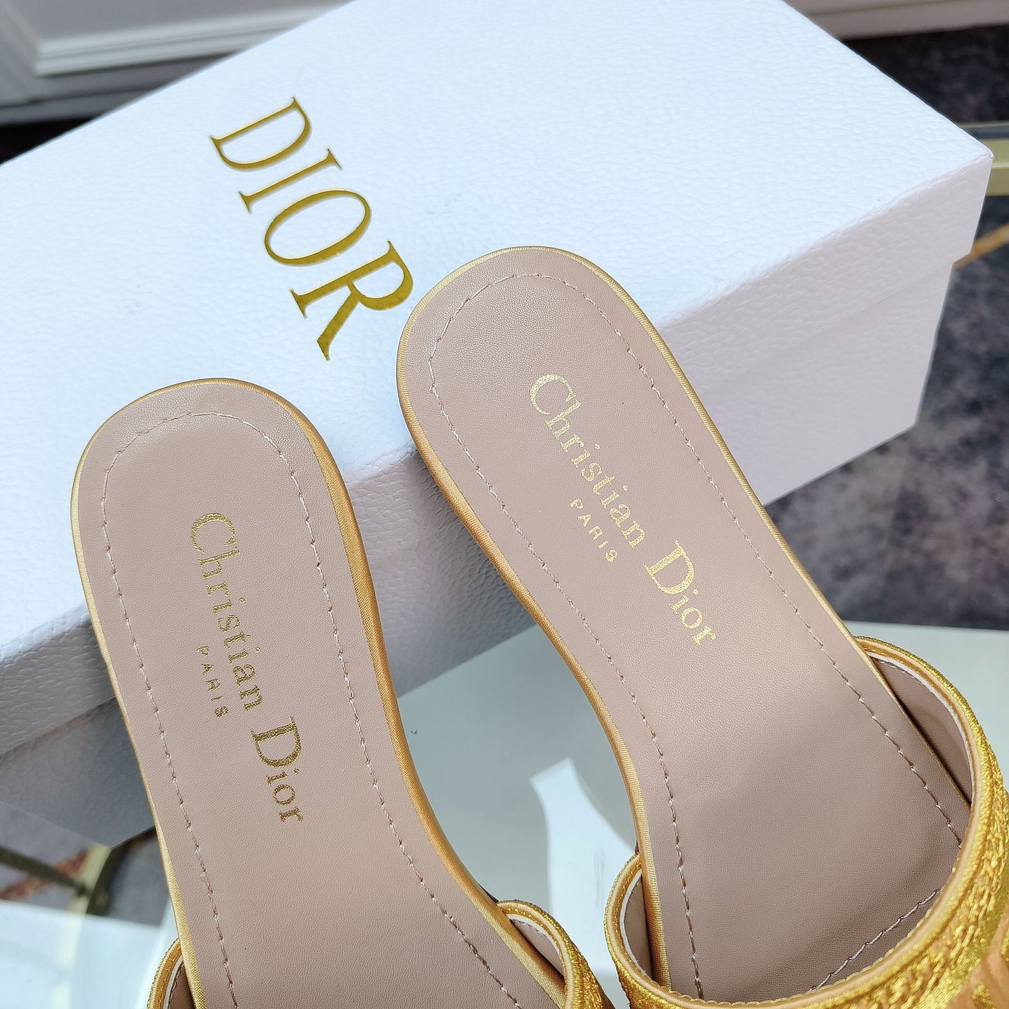 Dior Dway Yellow Embroidered Cotton Logo Slides