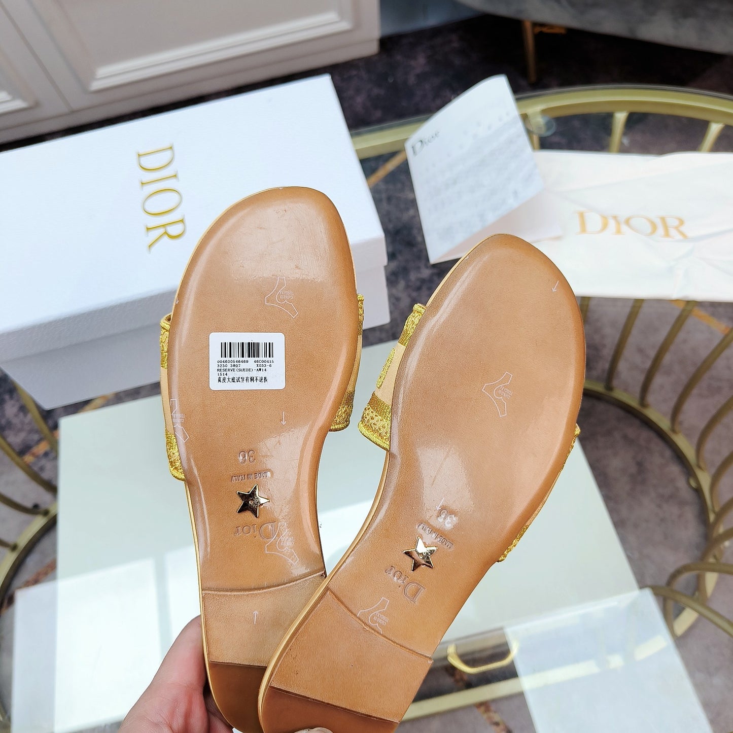 Dior Dway Yellow Embroidered Cotton Logo Slides