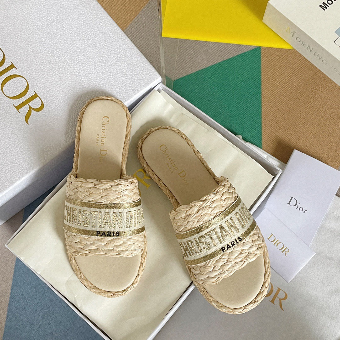 Dior Dway Gold Raffia Slides