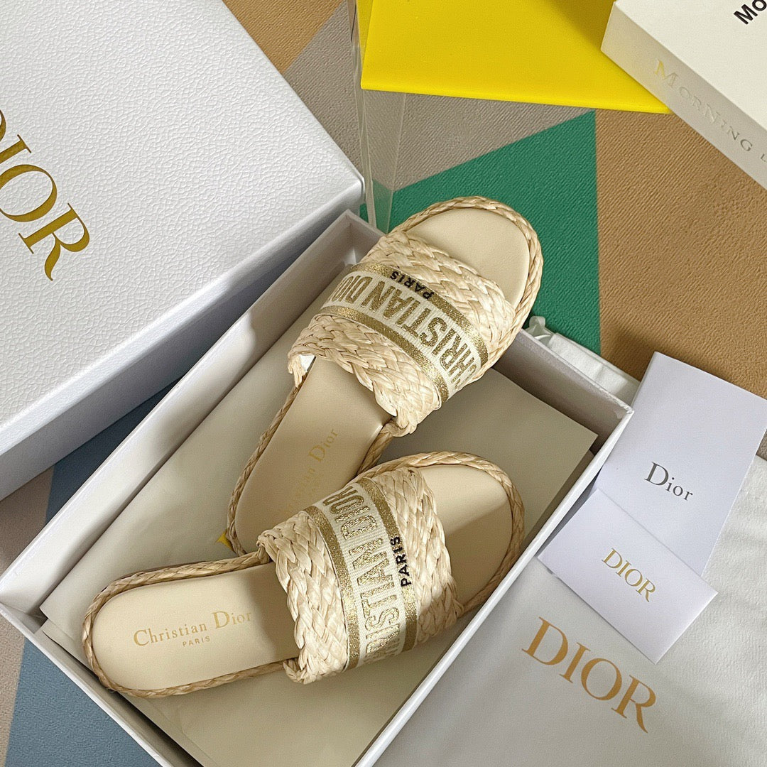 Dior Dway Gold Raffia Slides