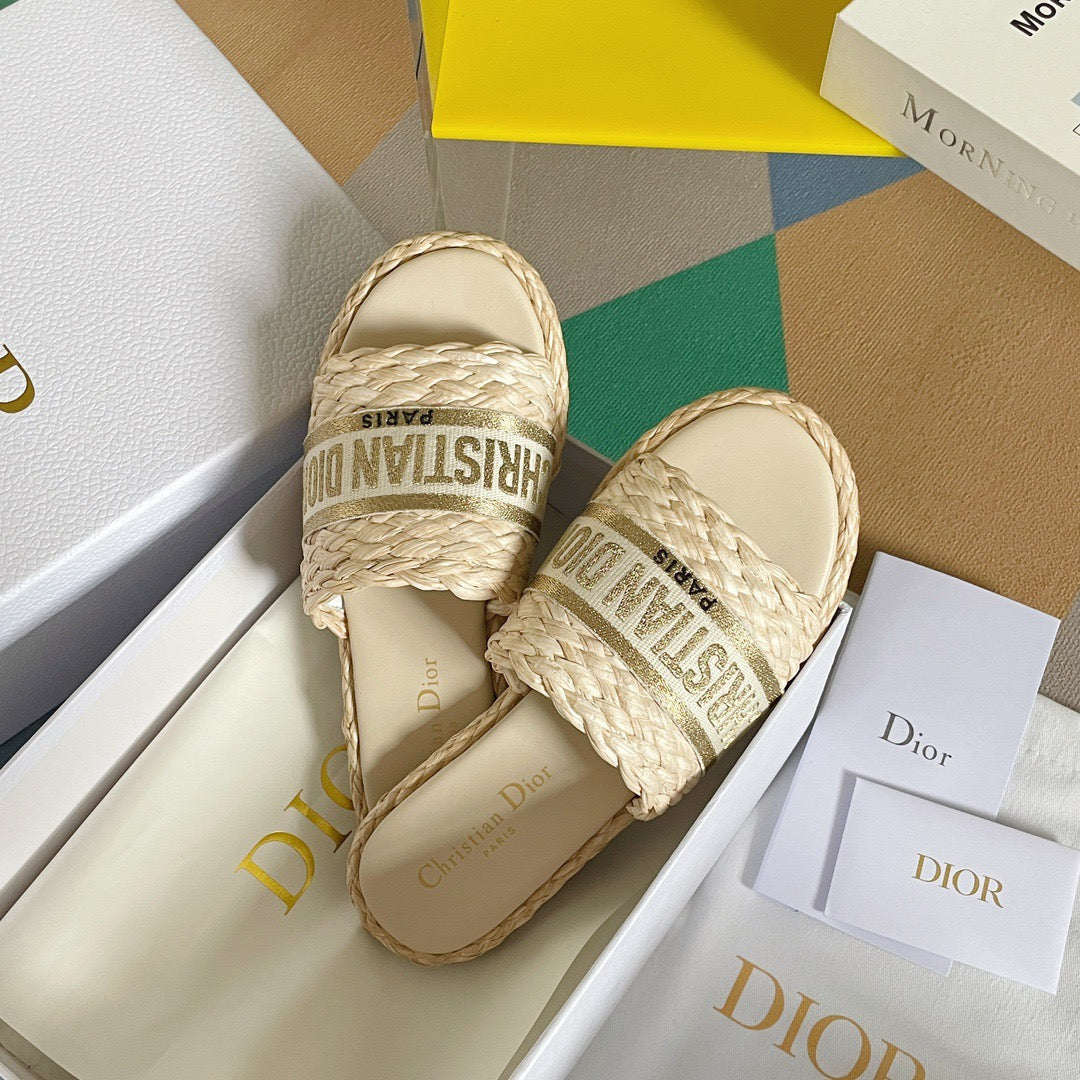 Dior Dway Gold Raffia Slides