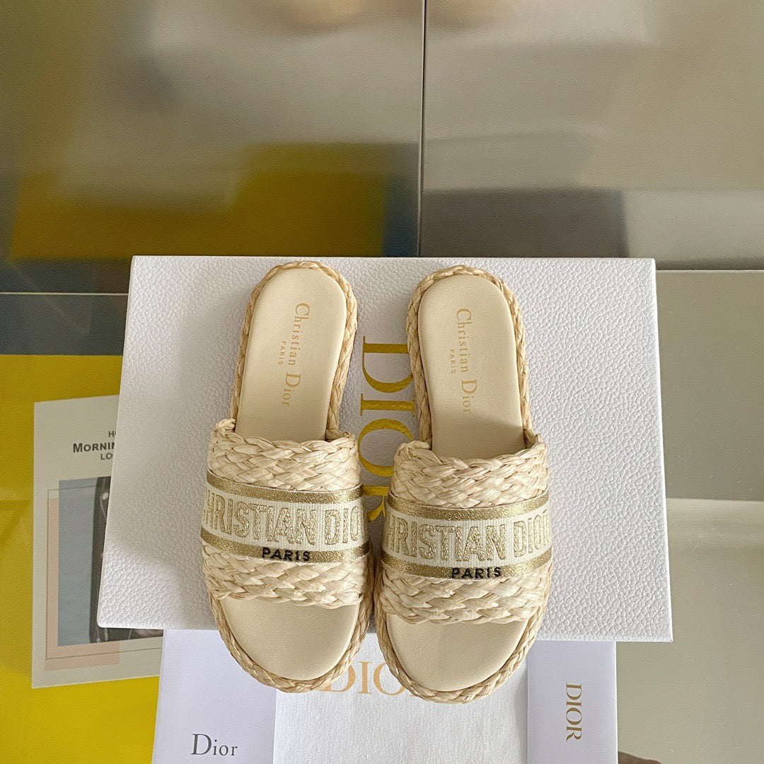 Dior Dway Gold Raffia Slides