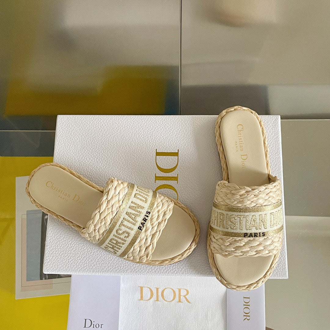 Dior Dway Gold Raffia Slides