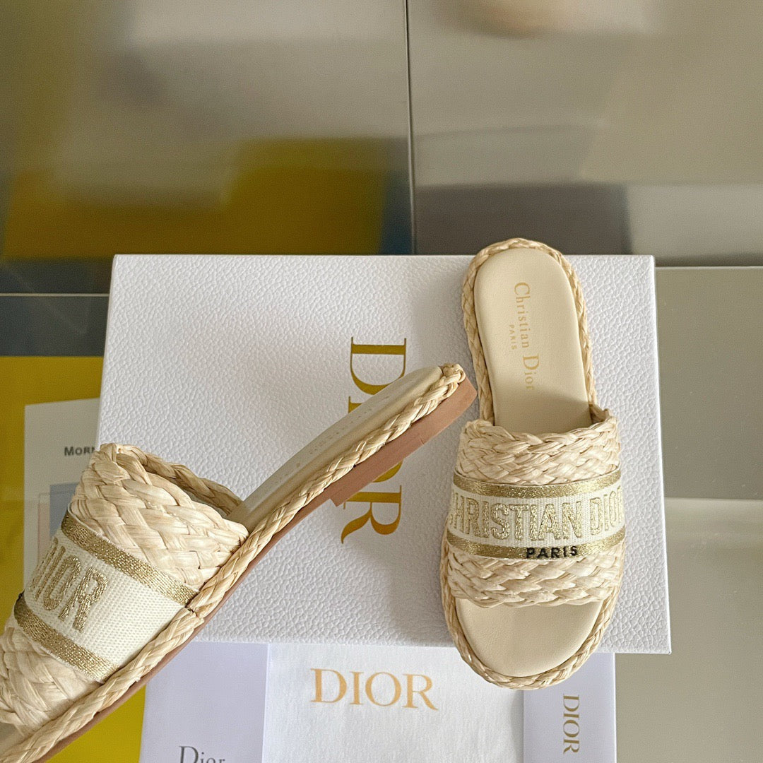 Dior Dway Gold Raffia Slides