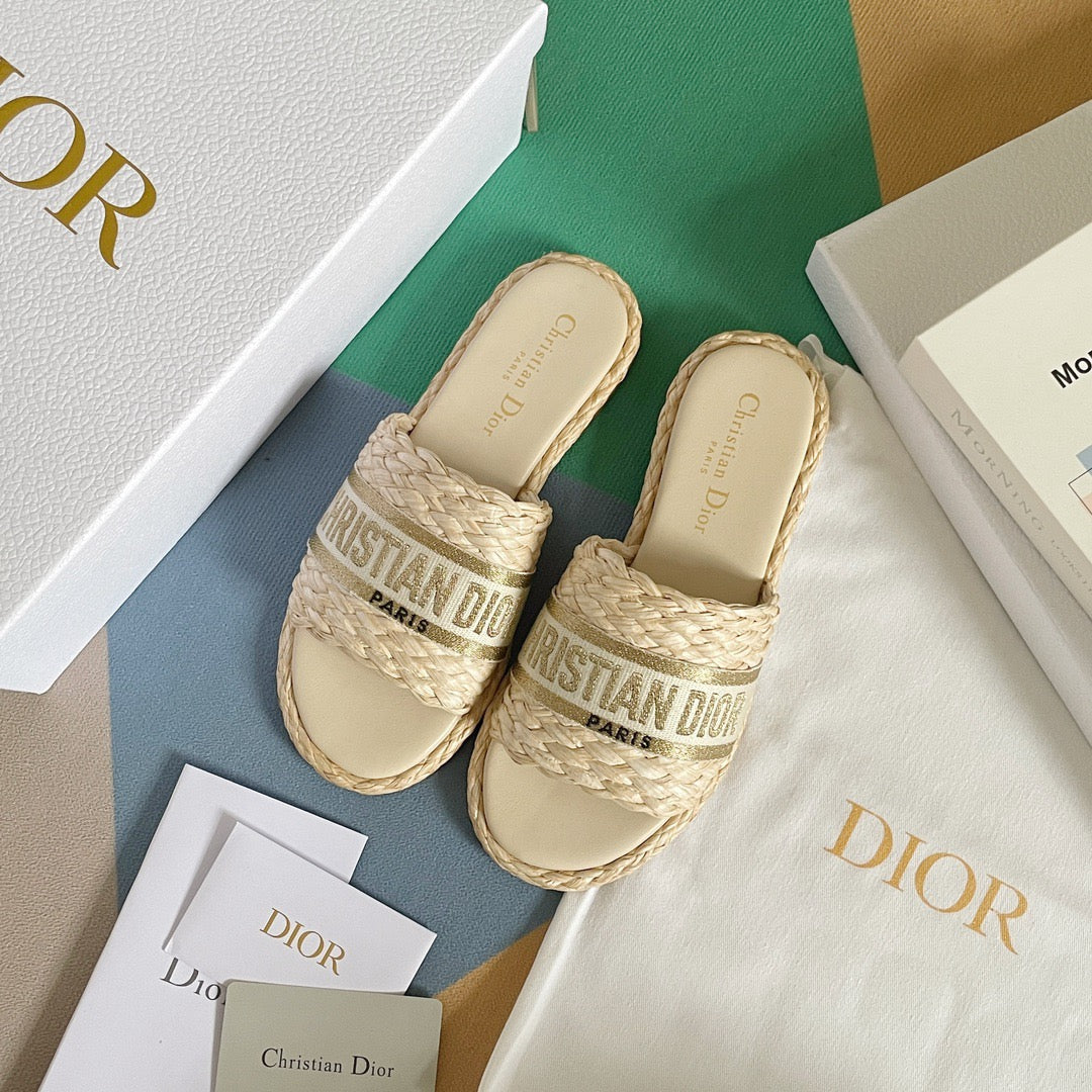 Dior Dway Gold Raffia Slides