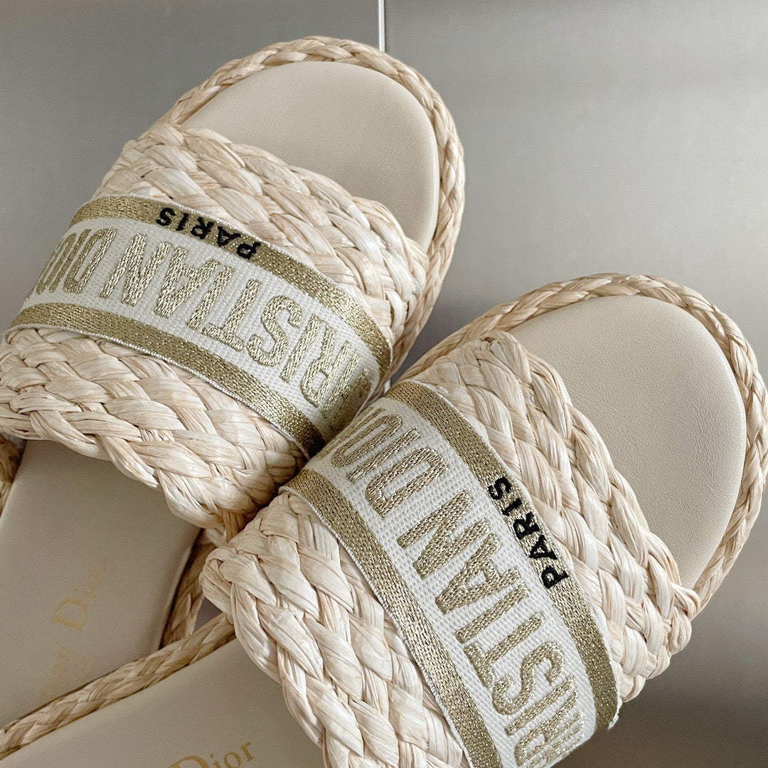 Dior Dway Gold Raffia Slides