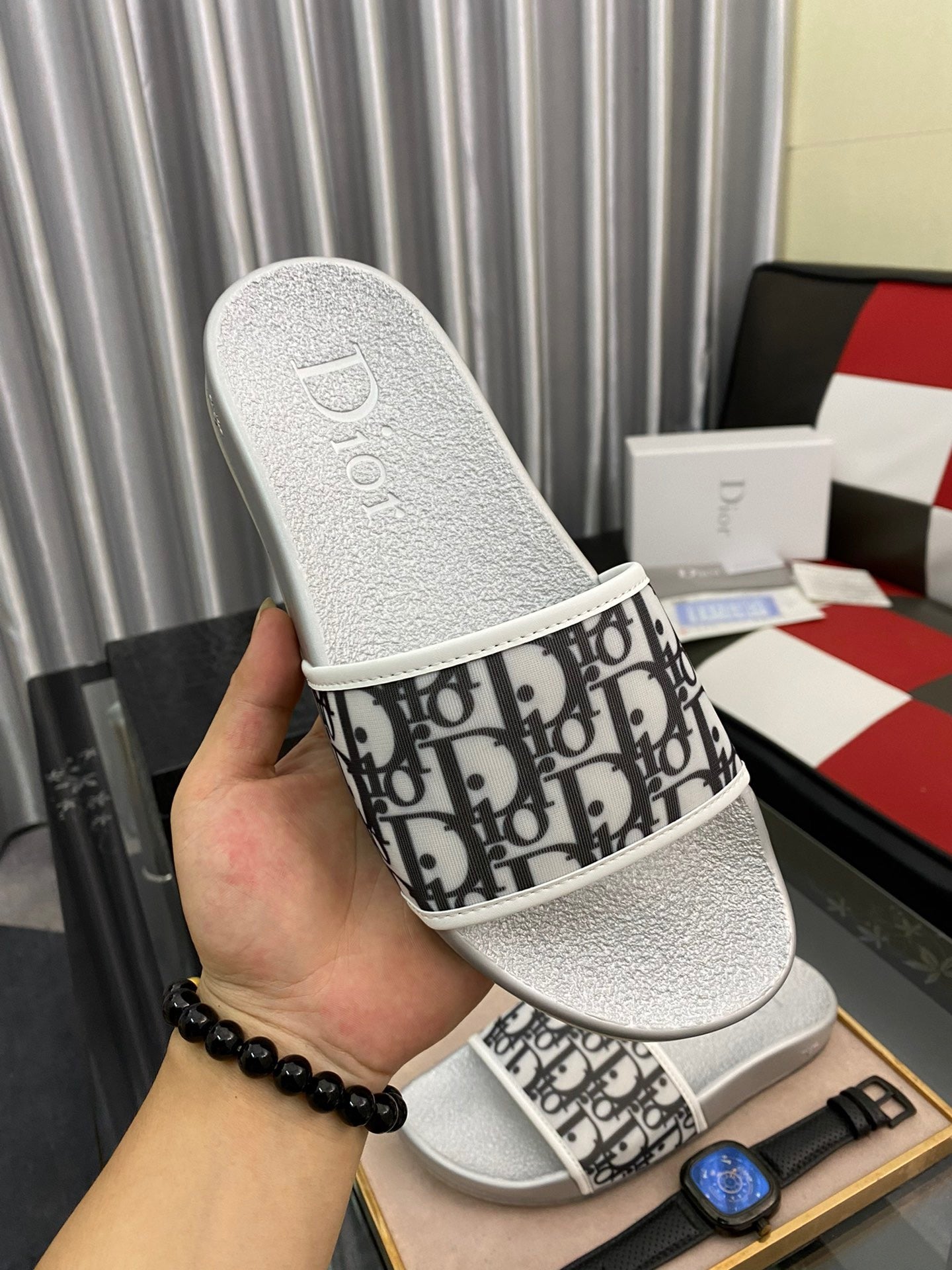 Dior Genuine Leather Gray Oblique Jacquard Slides