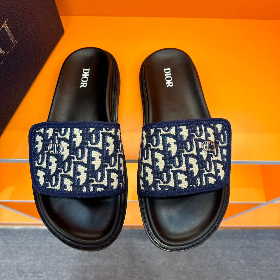 Dior Blue Oblique Jacquard Velcro slippers