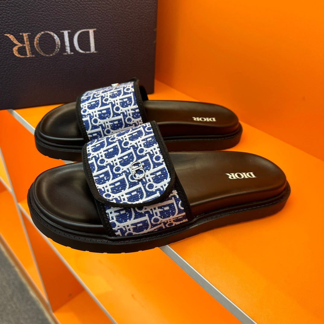 Dior Blue Oblique Jacquard Velcro Slides