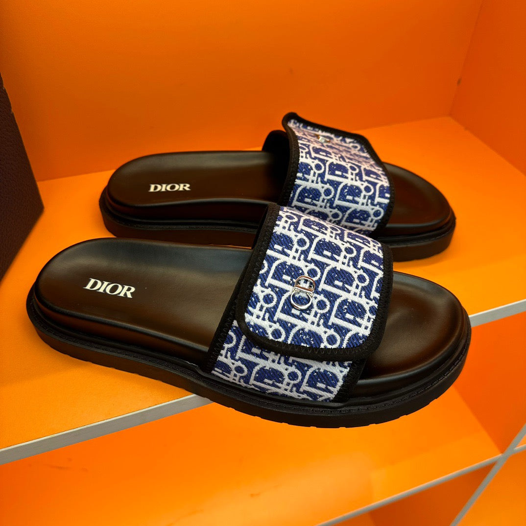 Dior Blue Oblique Jacquard Velcro Slides