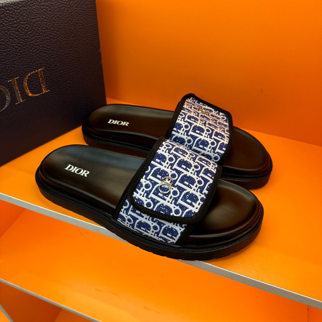 Dior Blue Oblique Jacquard Velcro Slides