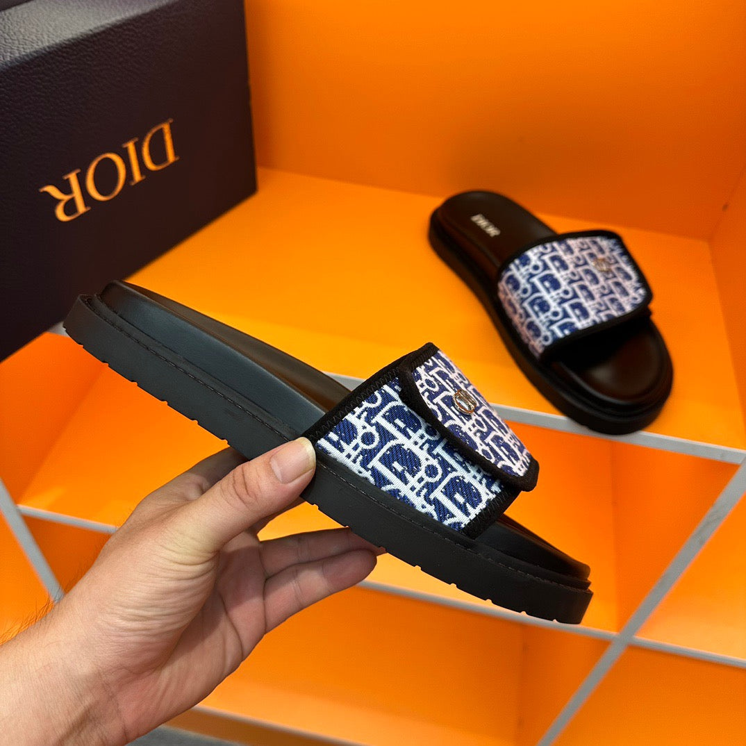 Dior Blue Oblique Jacquard Velcro Slides