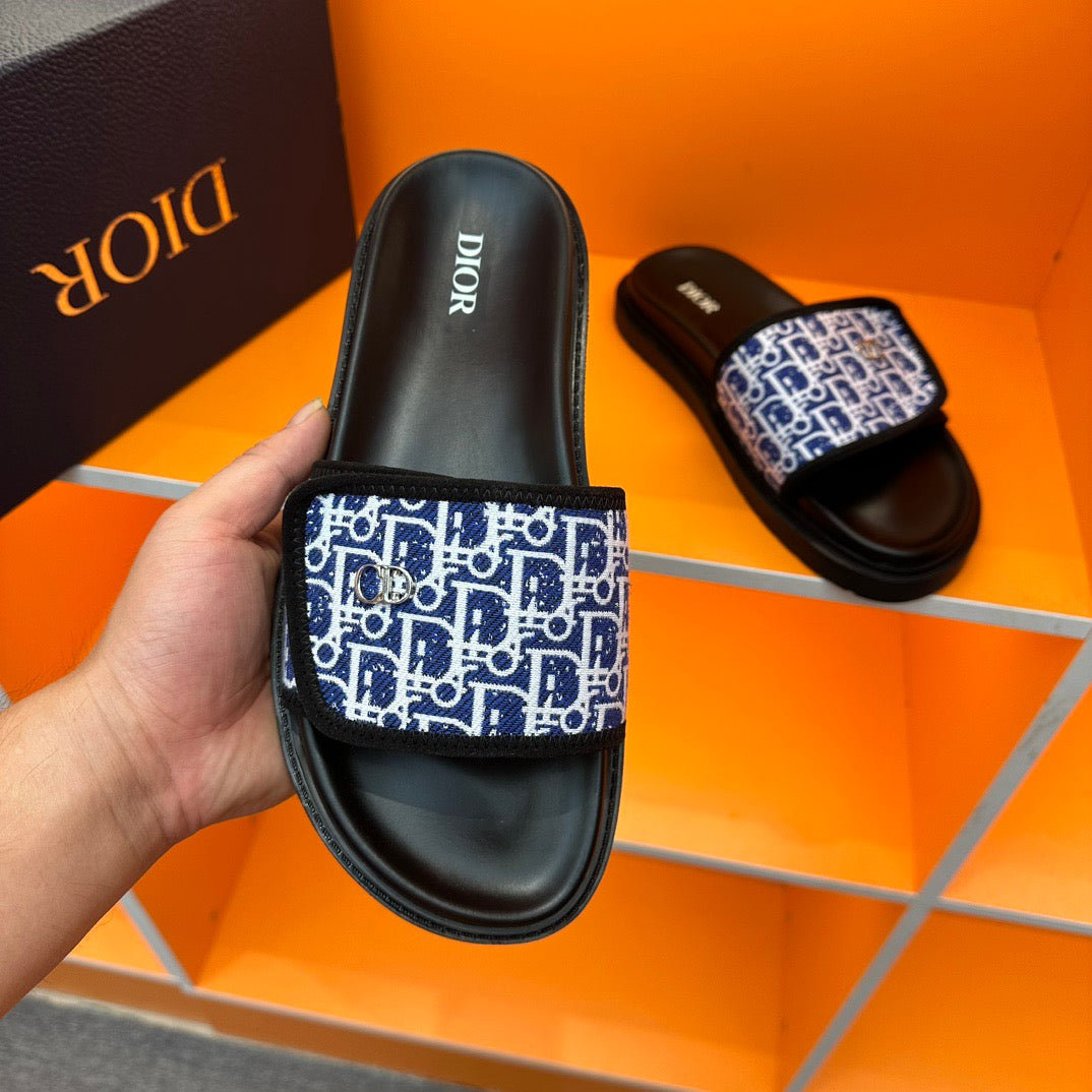 Dior Blue Oblique Jacquard Velcro Slides