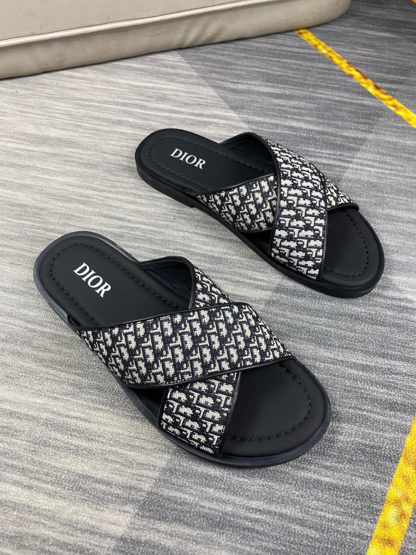 Dior Men's Aqua Oblique Jacquard Canvas Leather Slides