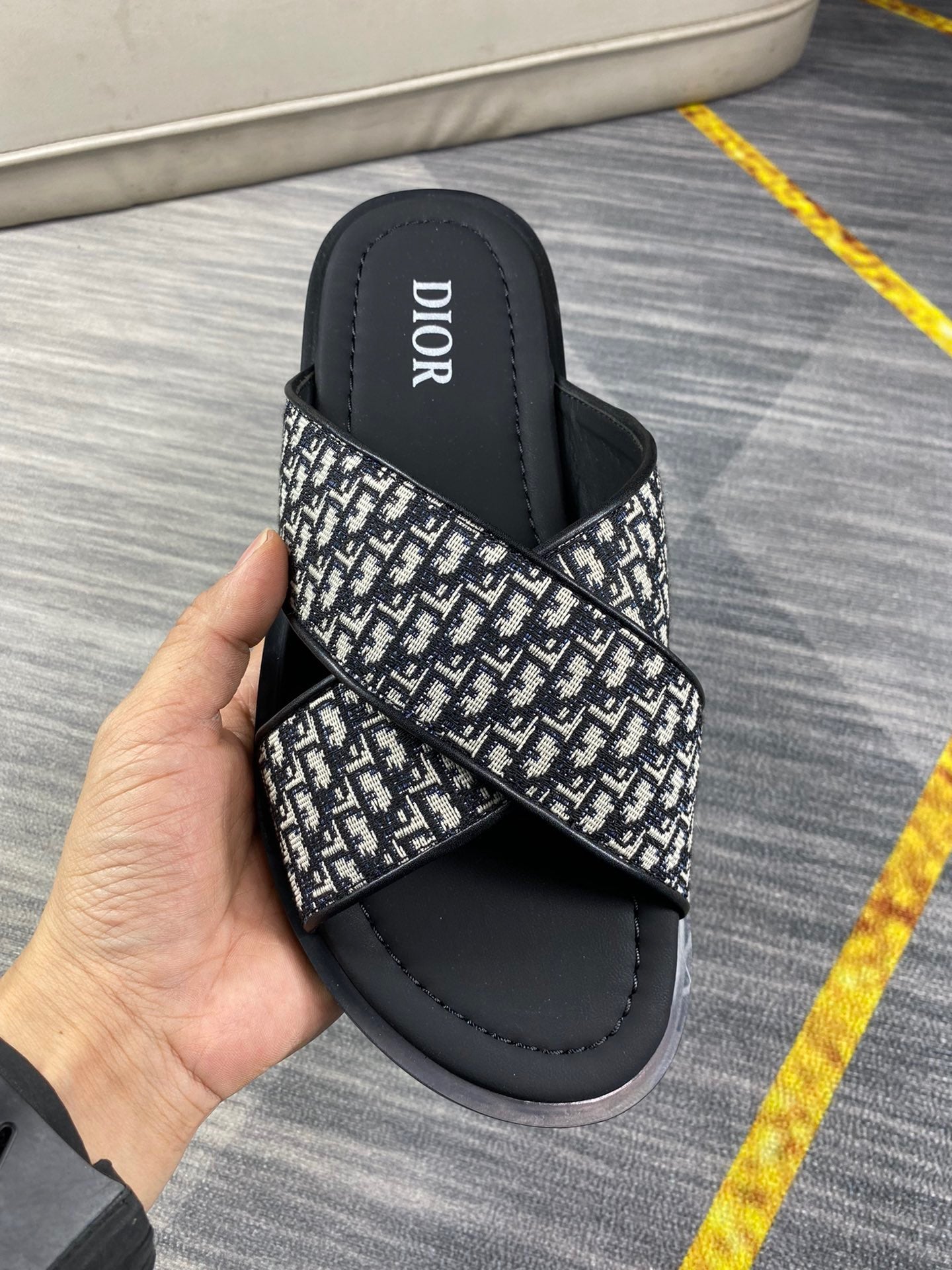 Dior Men's Aqua Oblique Jacquard Canvas Leather Slides