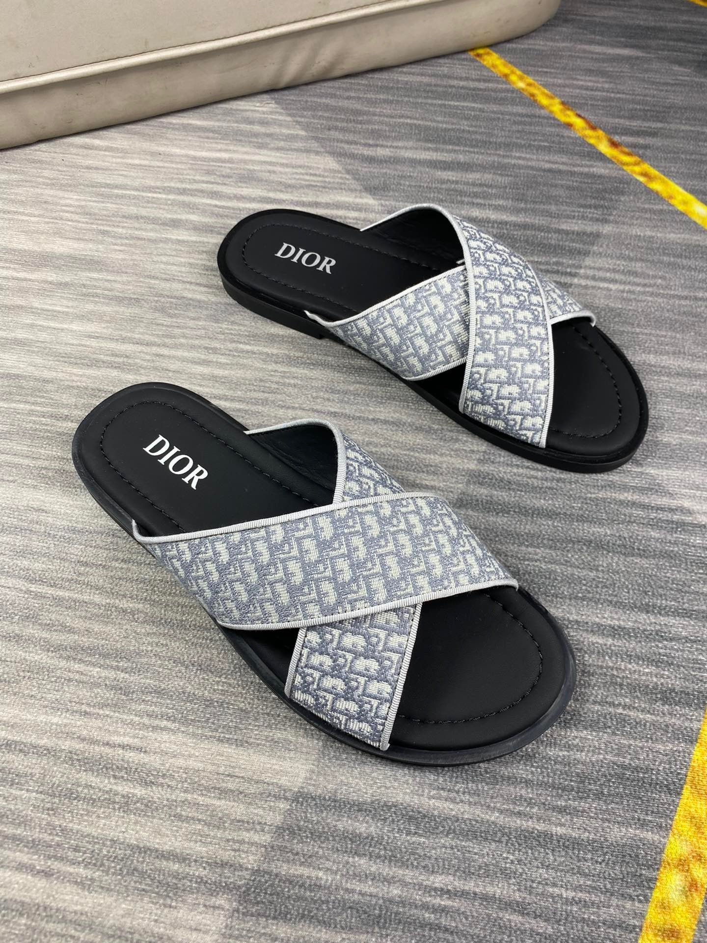 Dior Men's Aqua Gray Oblique Jacquard Canvas Leather Slides