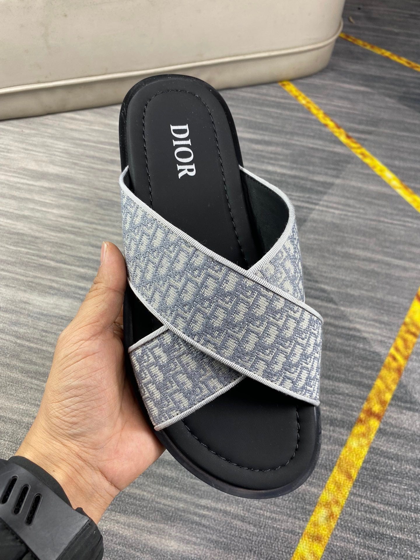 Dior Men's Aqua Gray Oblique Jacquard Canvas Leather Slides