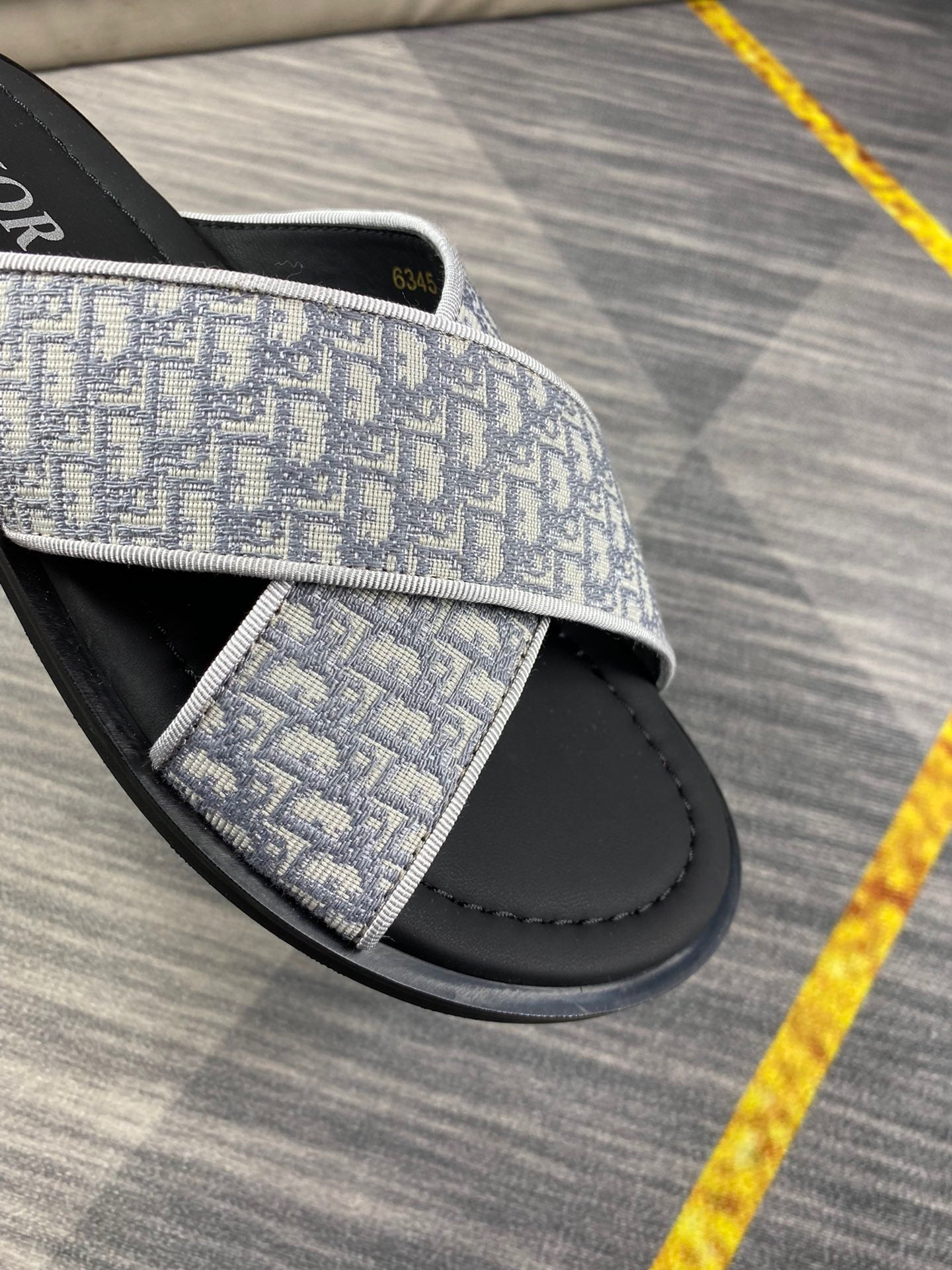 Dior Men's Aqua Gray Oblique Jacquard Canvas Leather Slides