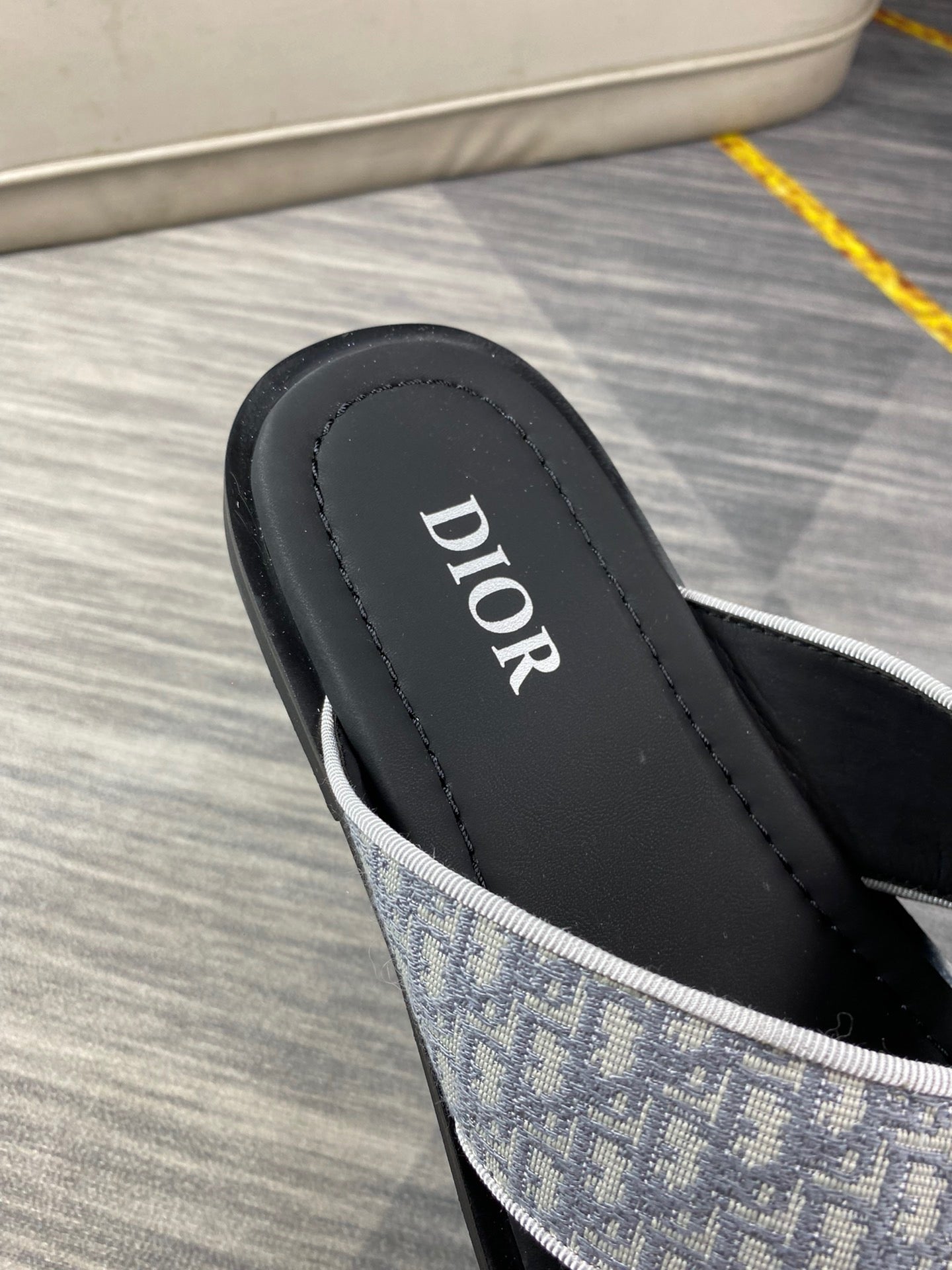 Dior Men's Aqua Gray Oblique Jacquard Canvas Leather Slides