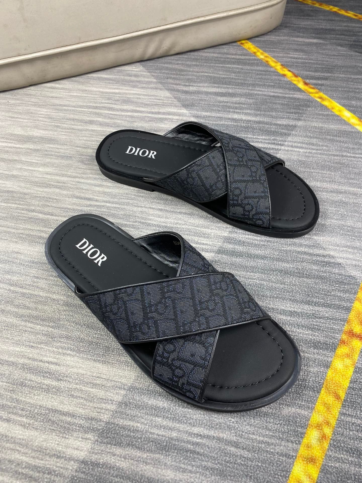 Dior Men's Aqua Black Oblique Jacquard Canvas Leather Slides