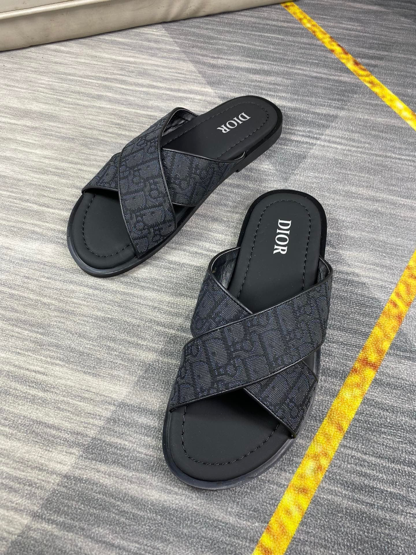 Dior Men's Aqua Black Oblique Jacquard Canvas Leather Slides