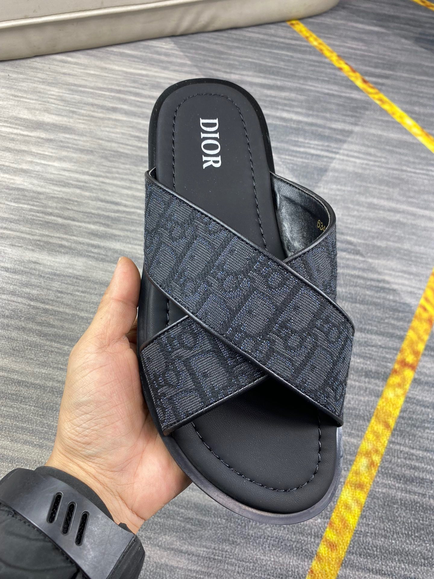 Dior Men's Aqua Black Oblique Jacquard Canvas Leather Slides