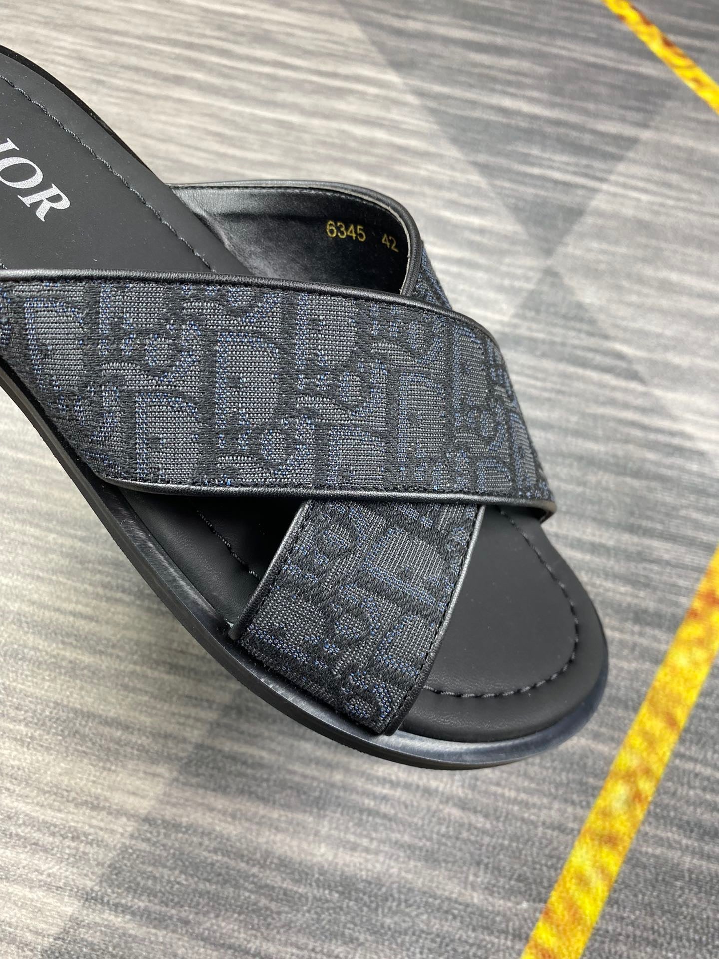 Dior Men's Aqua Black Oblique Jacquard Canvas Leather Slides