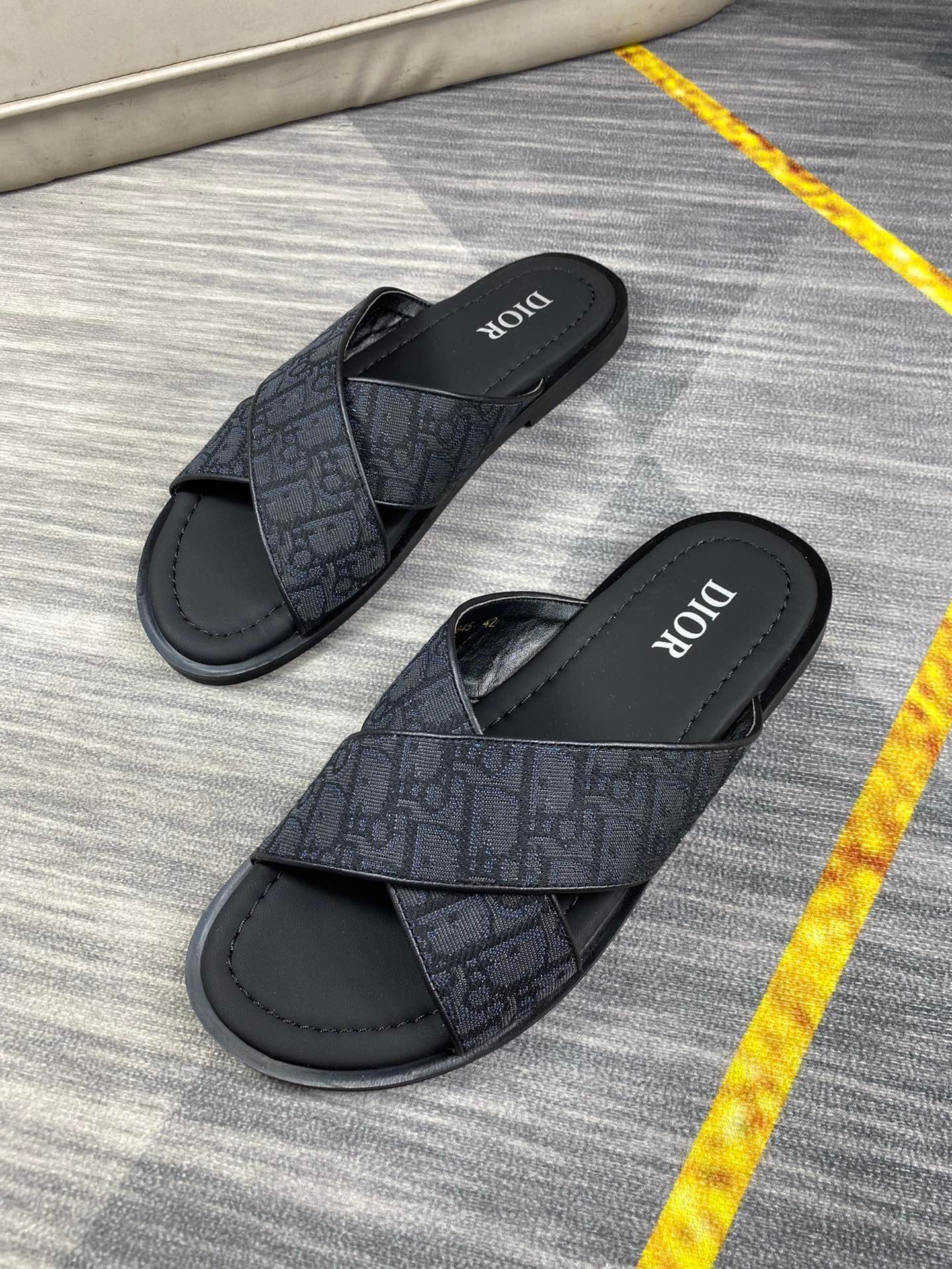 Dior Men's Aqua Black Oblique Jacquard Canvas Leather Slides