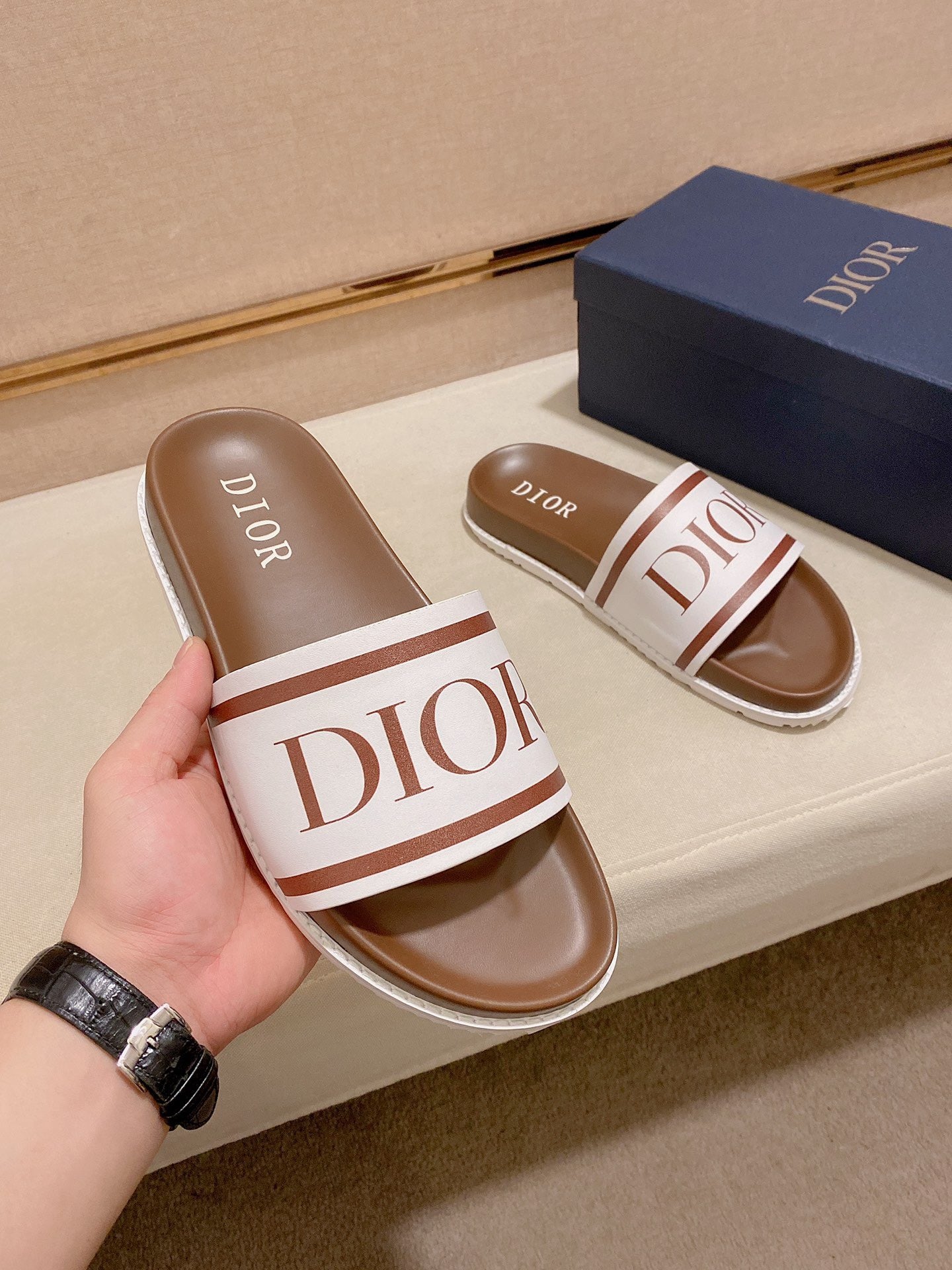 Dior Slides In Brown With'Dior'Logo