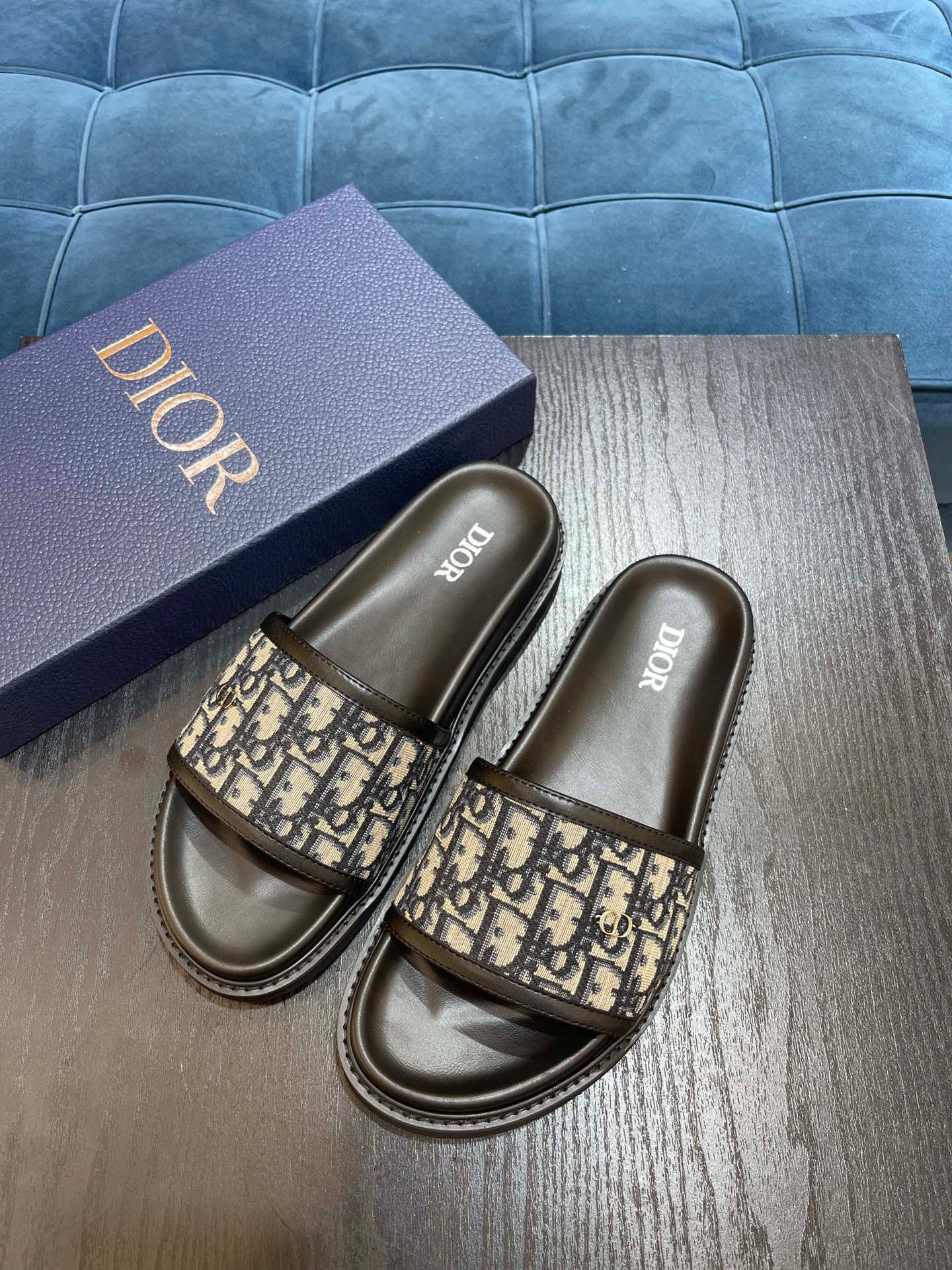 Dior Men's Aqua Oblique Jacquard Canvas Leather Slides