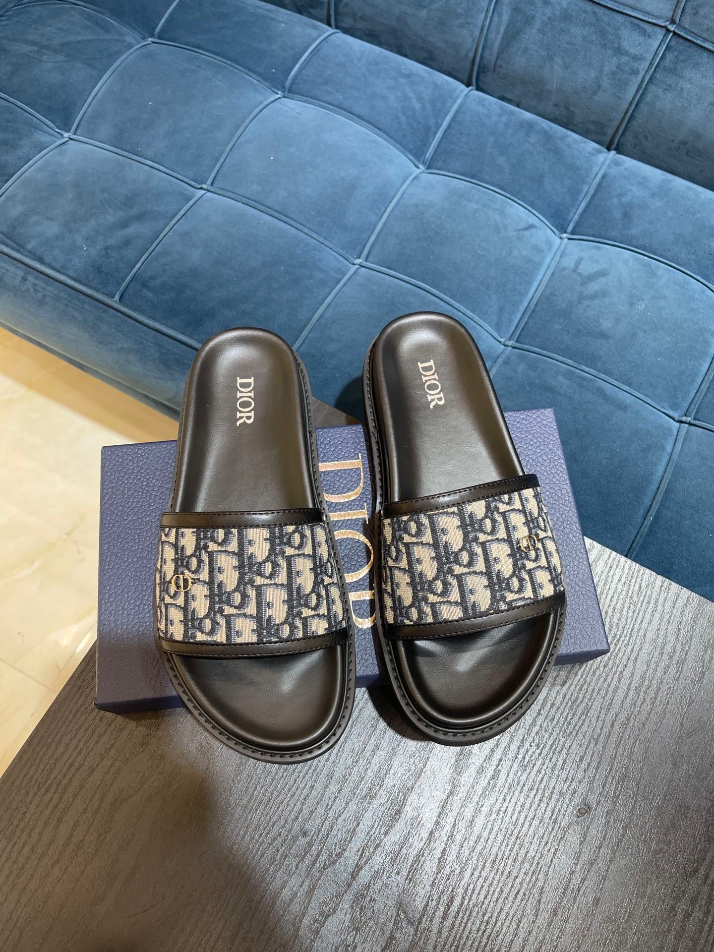 Dior Men's Aqua Oblique Jacquard Canvas Leather Slides