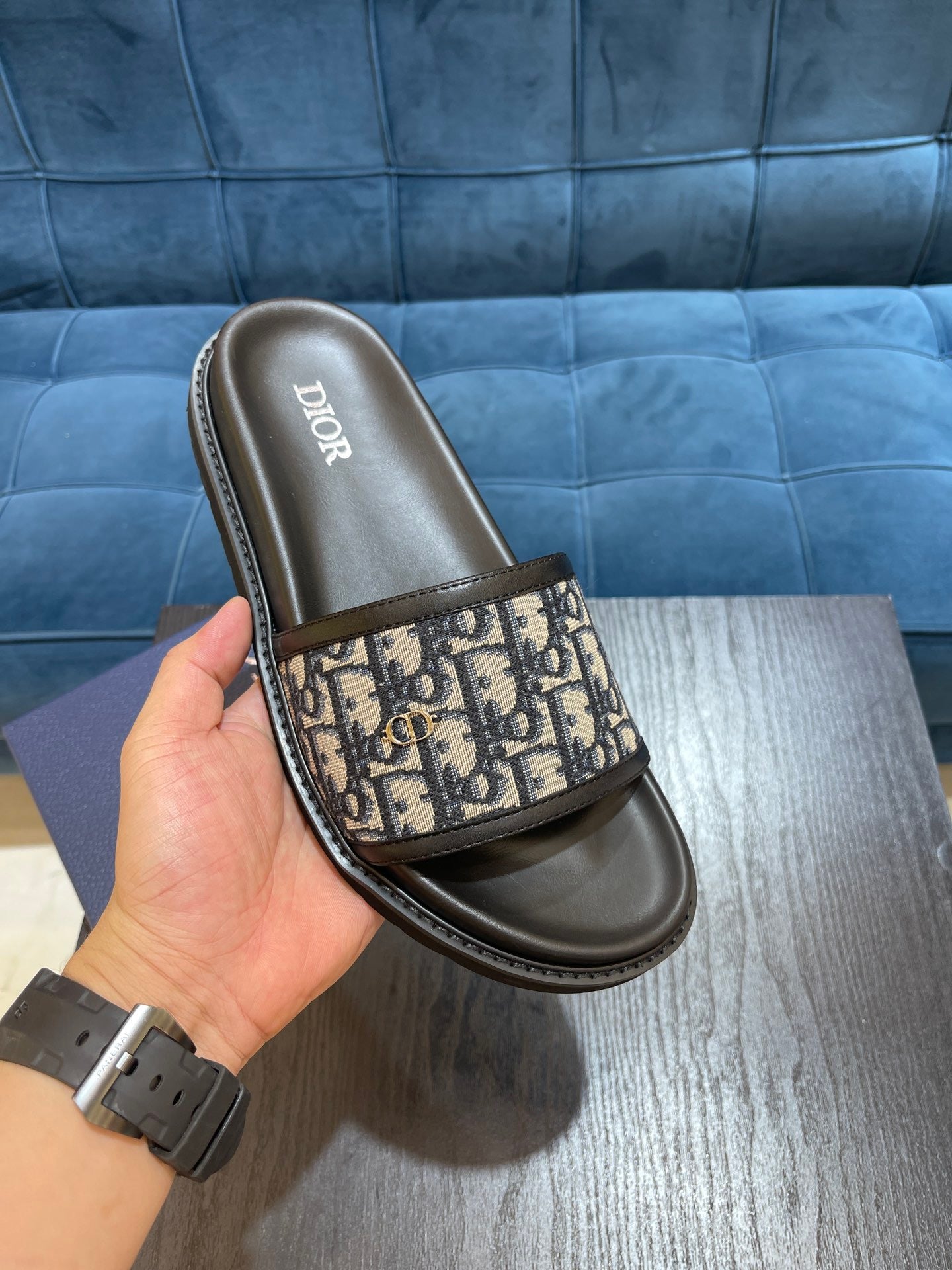 Dior Men's Aqua Oblique Jacquard Canvas Leather Slides