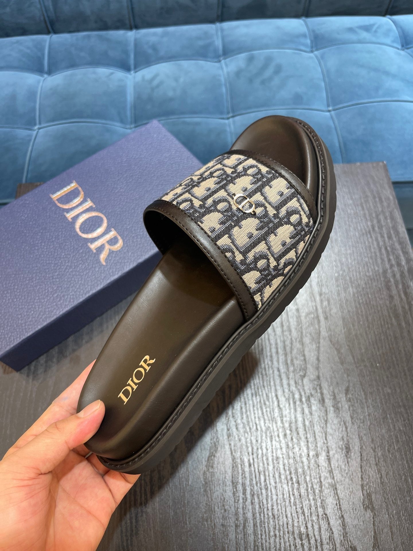 Dior Men's Aqua Oblique Jacquard Canvas Leather Slides