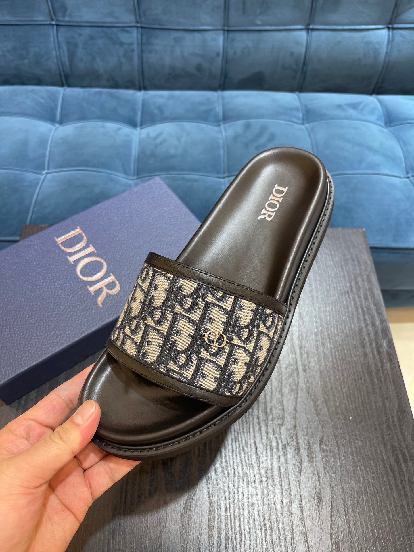 Dior Men's Aqua Oblique Jacquard Canvas Leather Slides