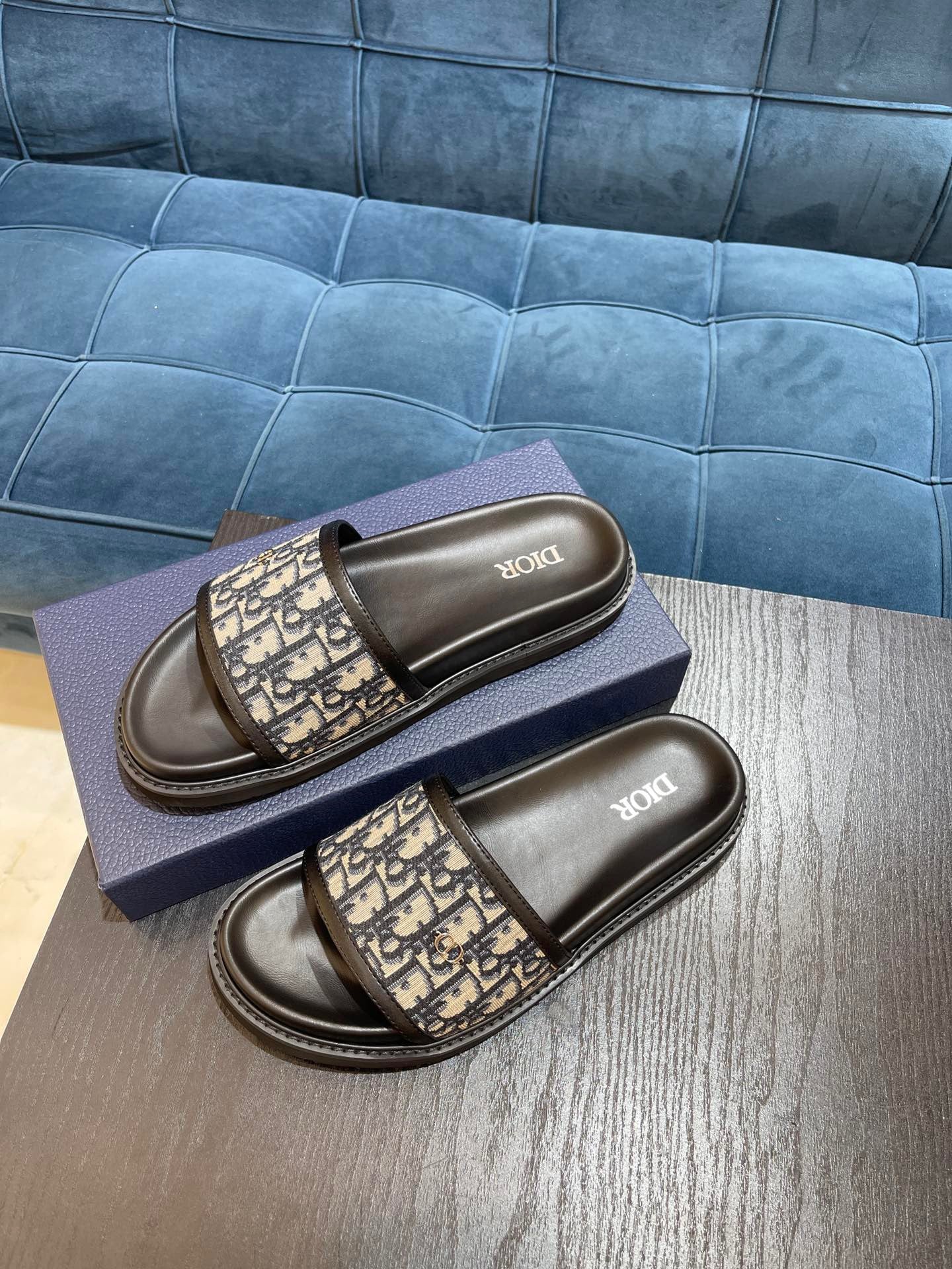 Dior Men's Aqua Oblique Jacquard Canvas Leather Slides