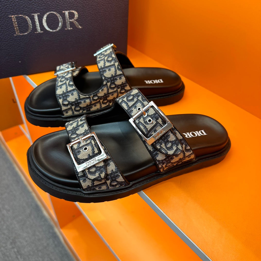 Dior Aqua Slides In Beige and Black Oblique Jacquard