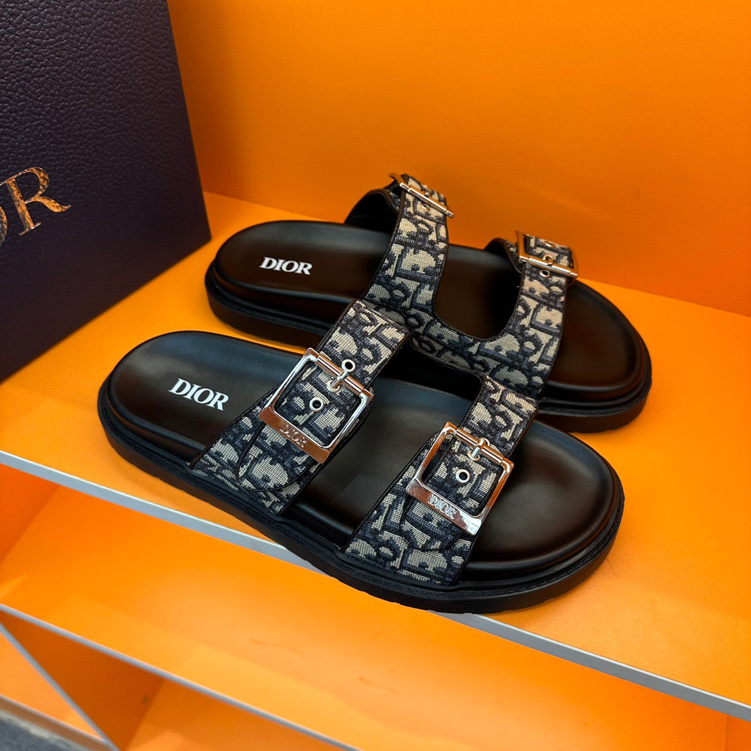 Dior Aqua Slides In Beige and Black Oblique Jacquard