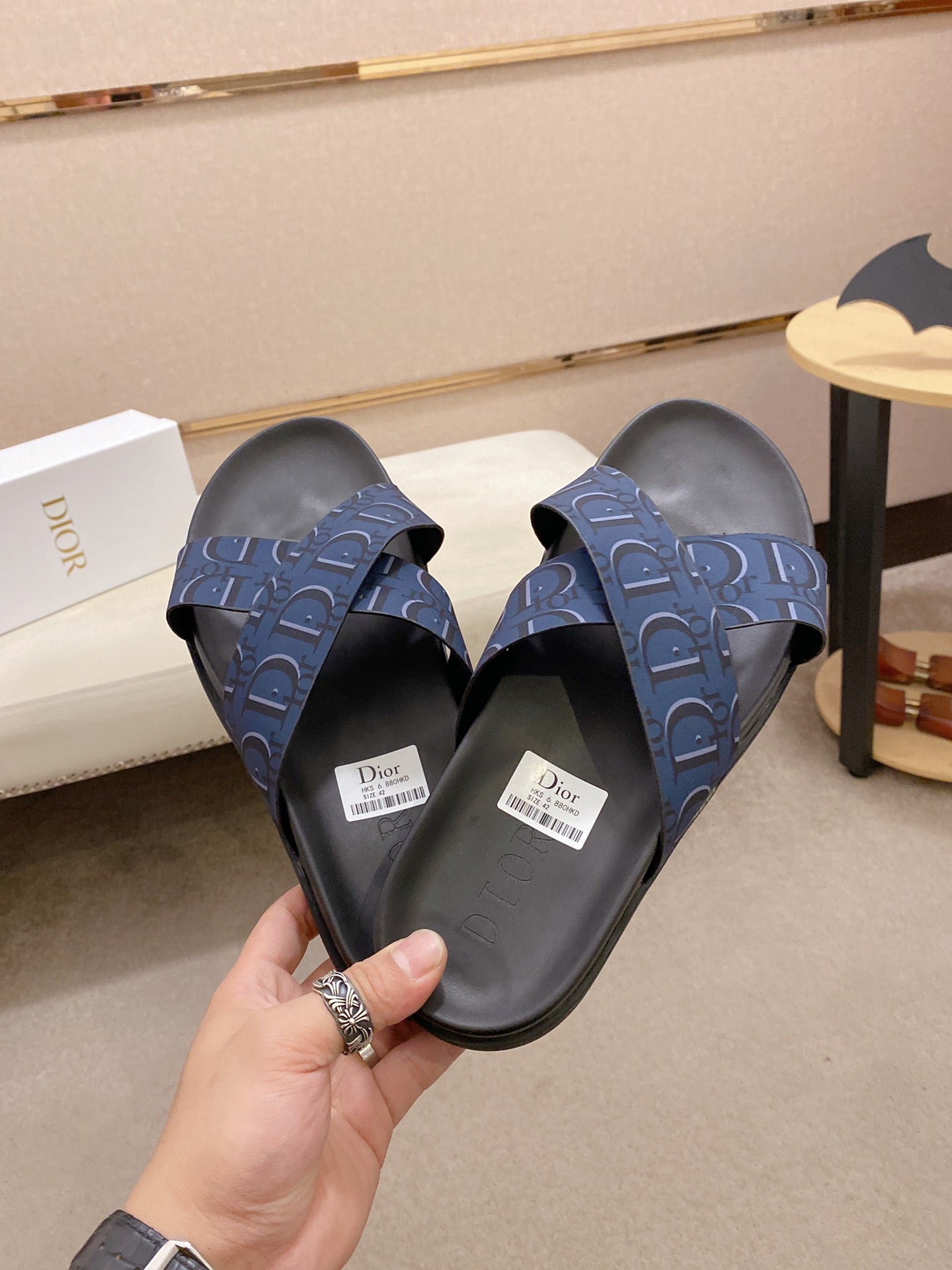 Dior Calfskin Blue Cross Print Men's Slippers