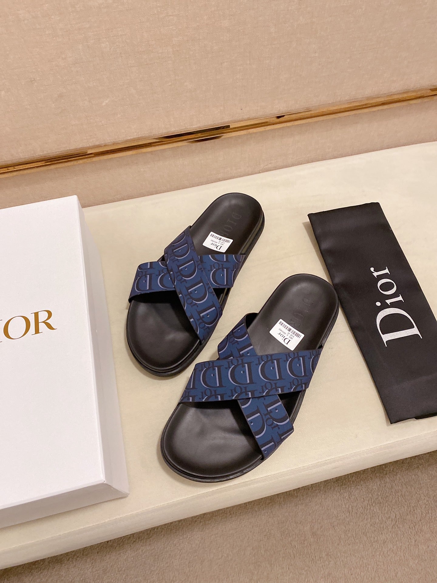 Dior Calfskin Blue Cross Print Men's Slippers