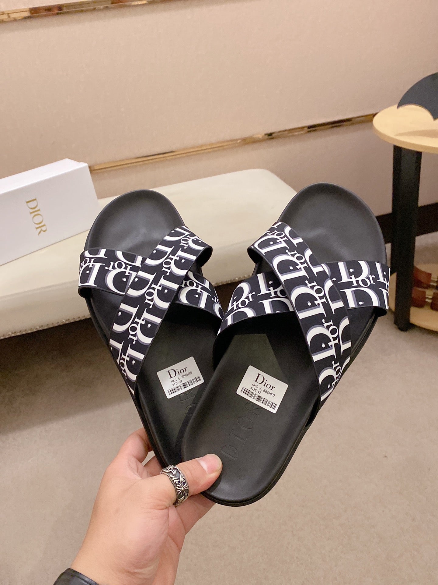 Dior Calfskin Black Cross Print Men's Slippers