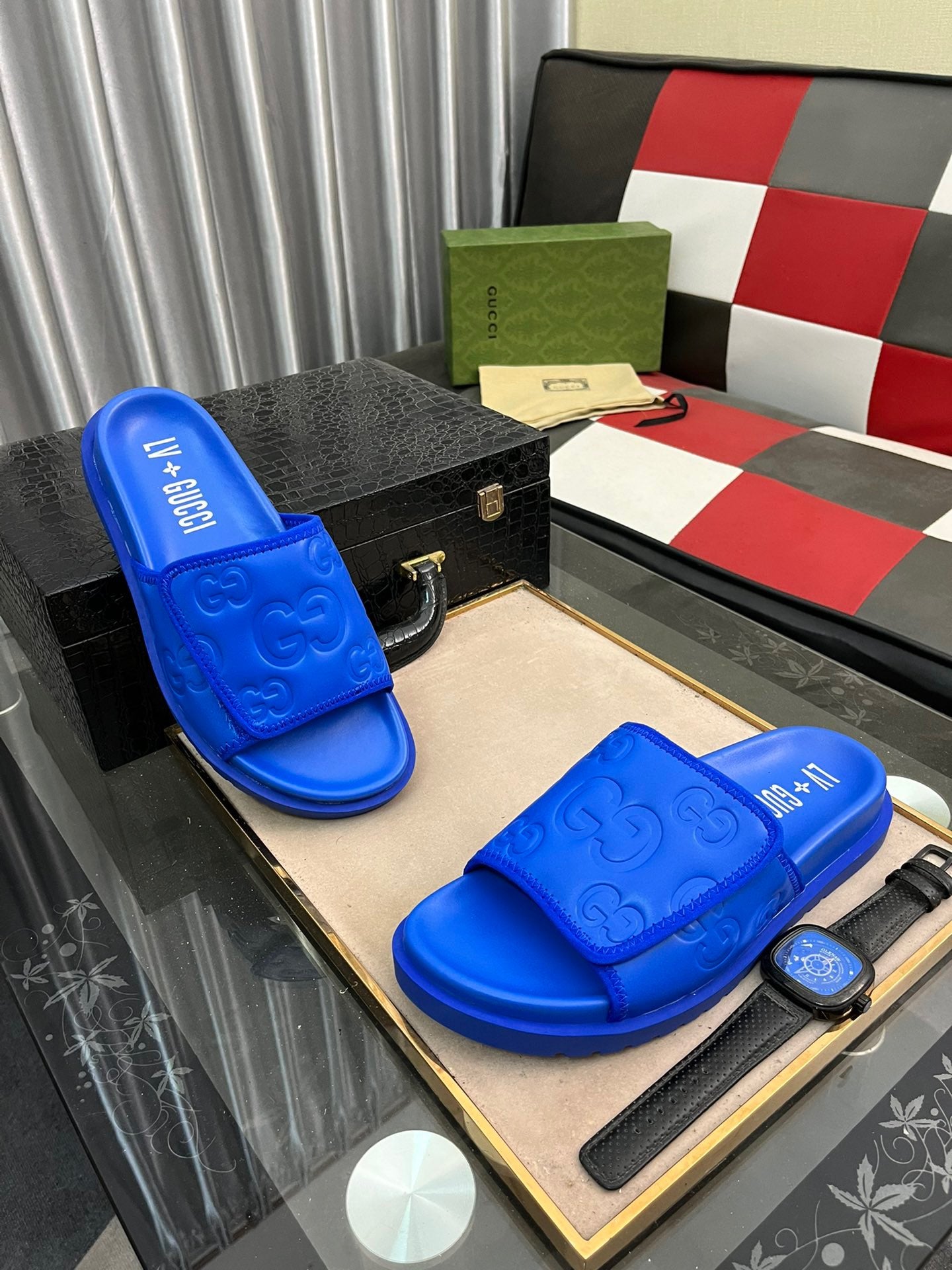 Gucci Navy Blue Velcro Embossed Slides