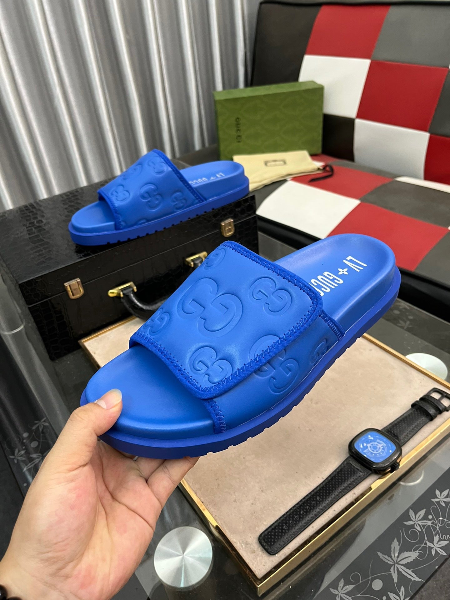 Gucci Navy Blue Velcro Embossed Slides