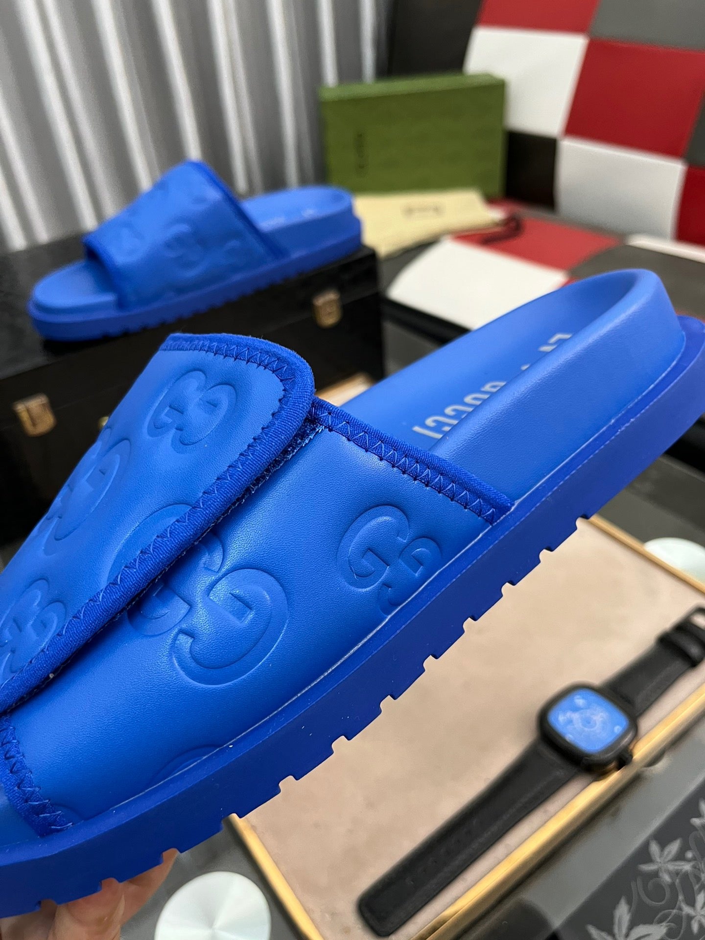 Gucci Navy Blue Velcro Embossed Slides