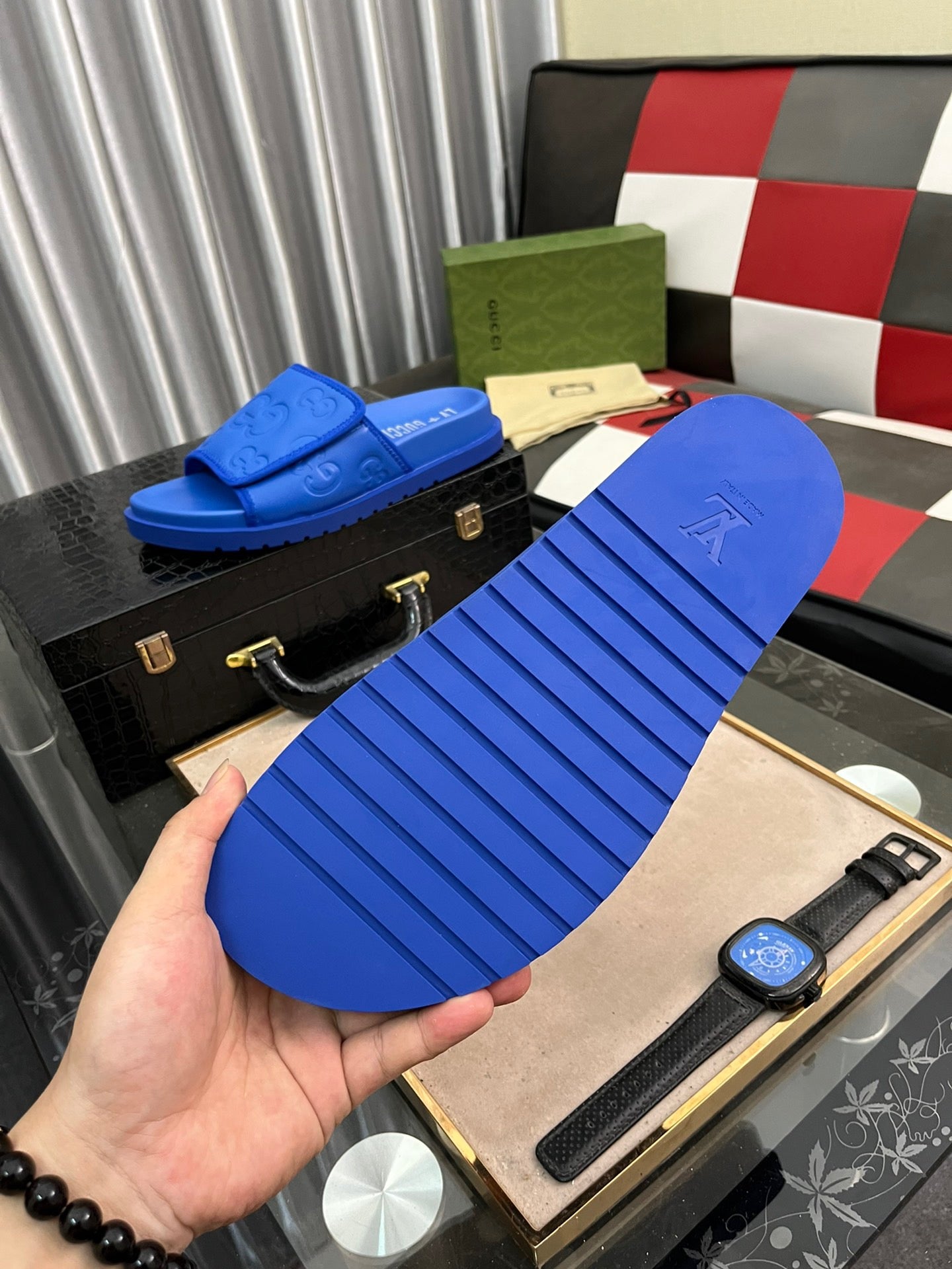 Gucci Navy Blue Velcro Embossed Slides