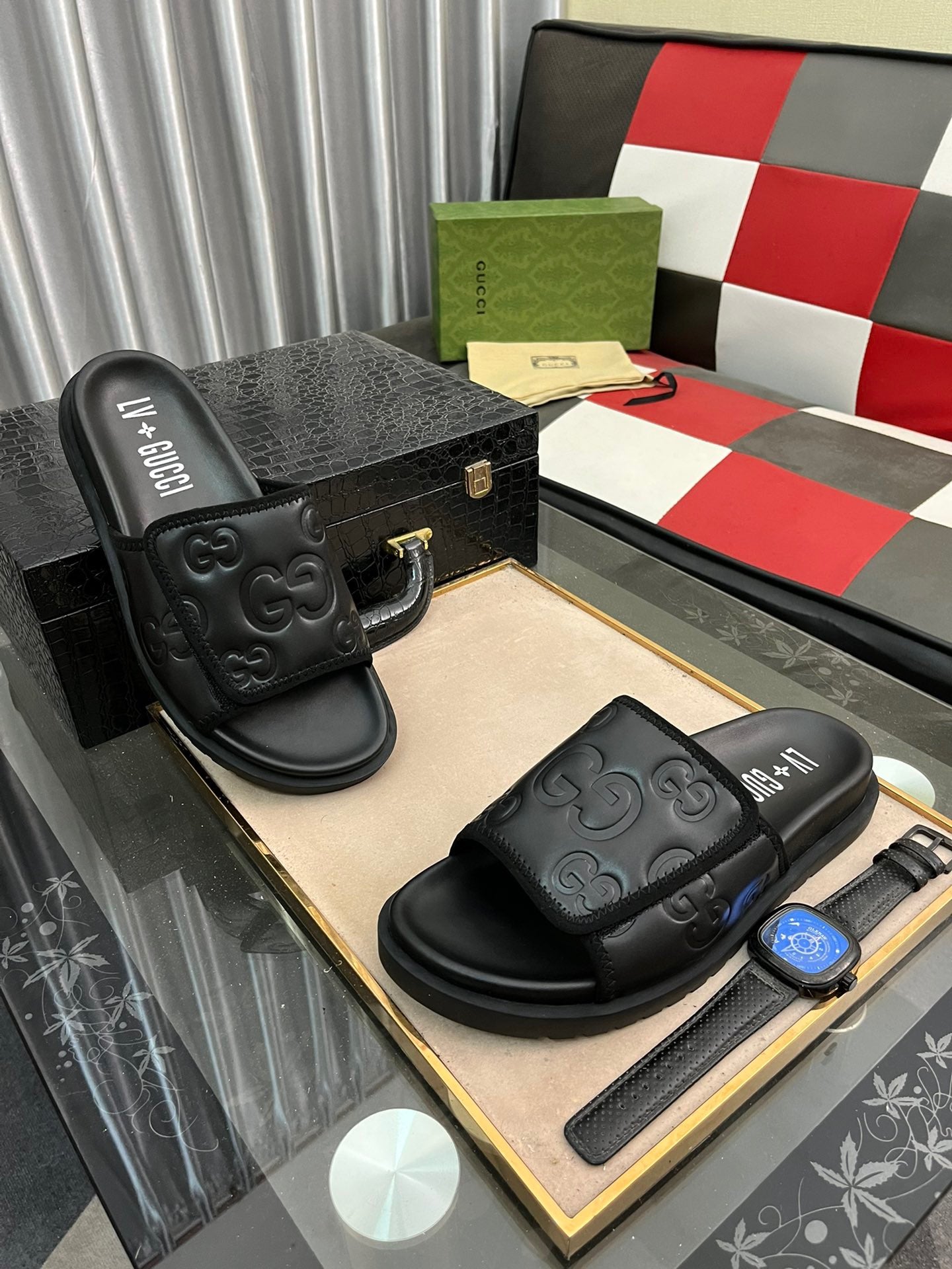 Gucci Black Embossed Velcro Slides