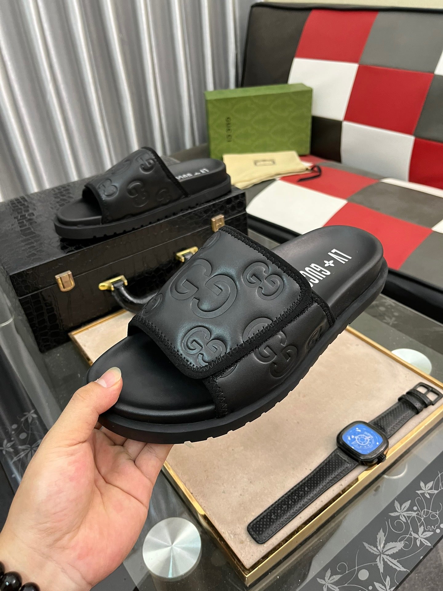 Gucci Black Embossed Velcro Slides