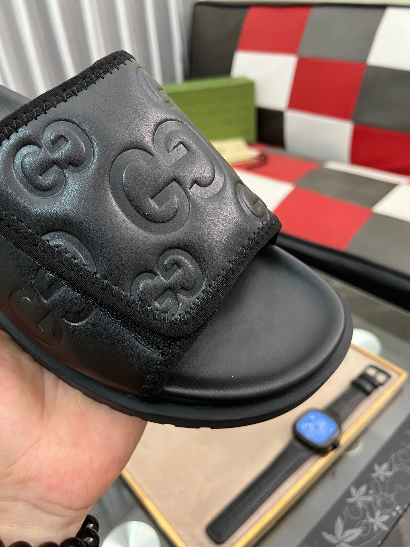 Gucci Black Embossed Velcro Slides