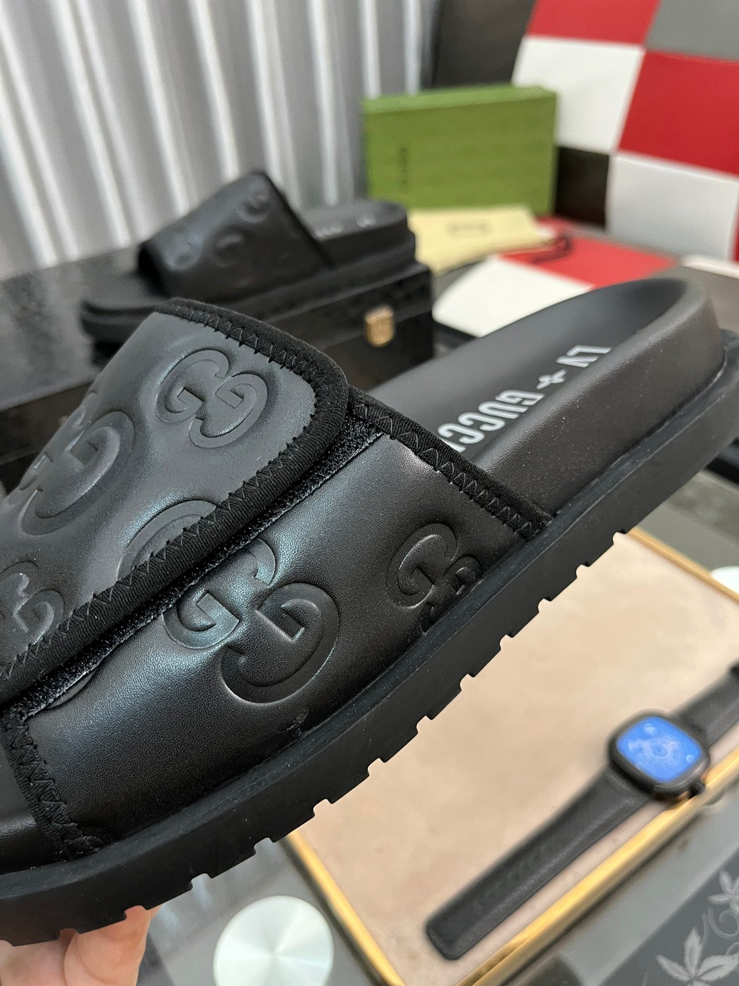 Gucci Black Embossed Velcro Slides