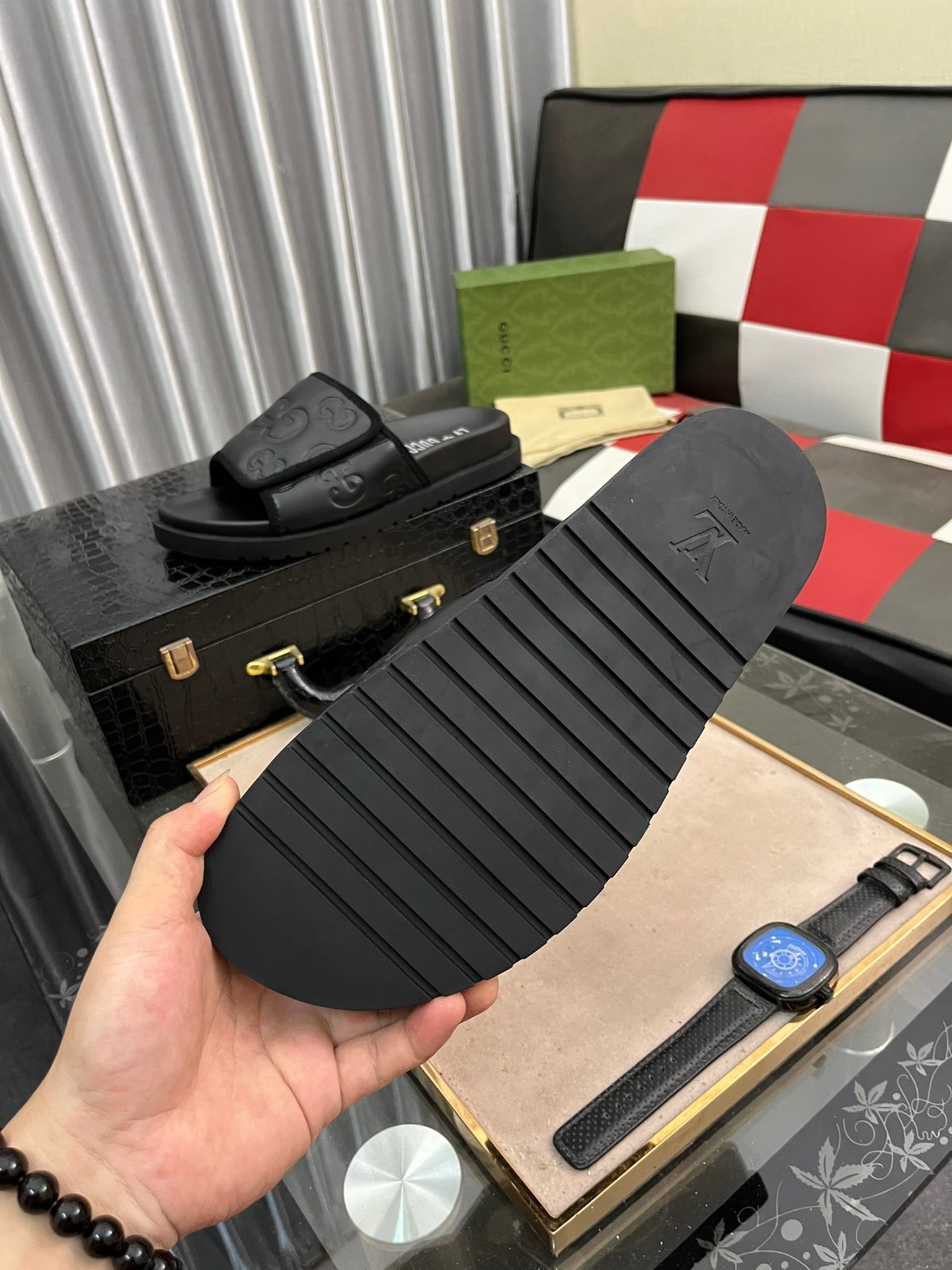 Gucci Black Embossed Velcro Slides